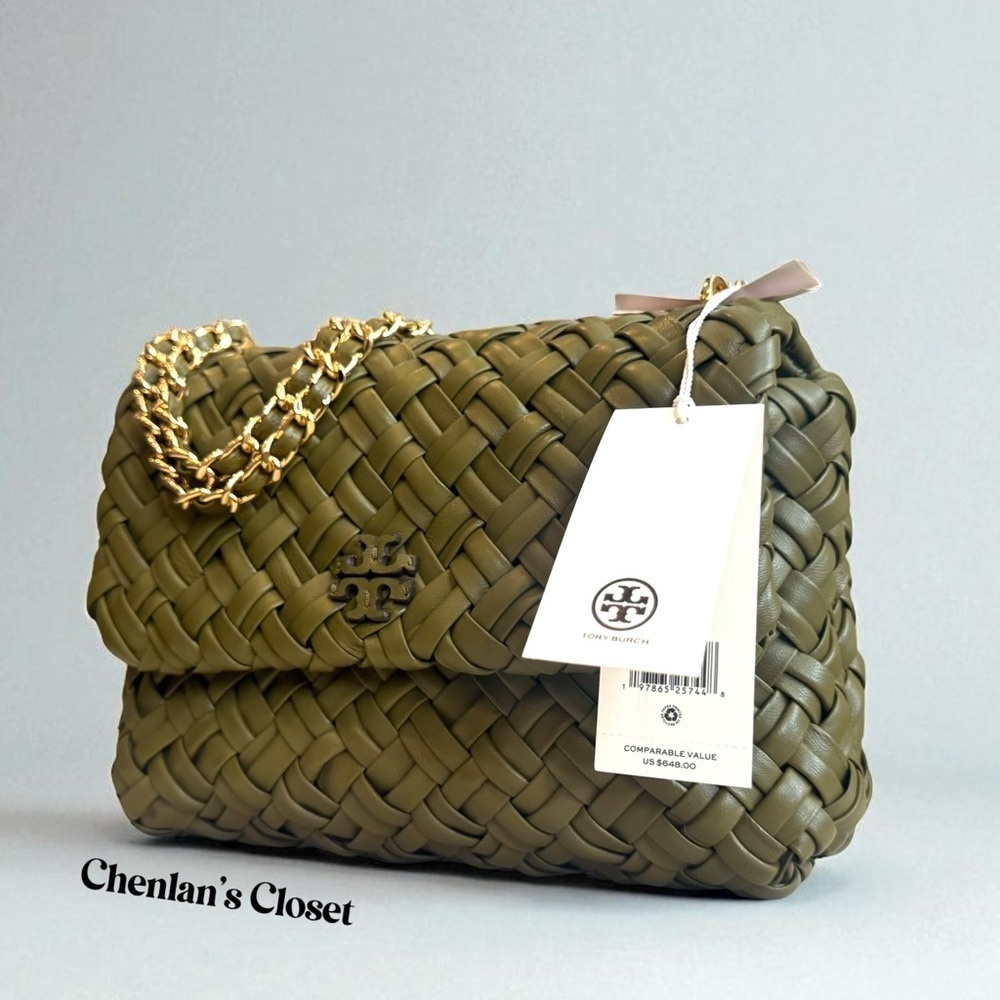 Tory Burch Woven Chain Shoulder Bag Olive Green Leather With Gold Chain NWT - Picture 8 of 13